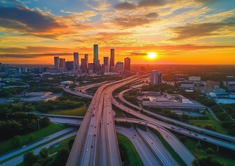 Aerial view of a drone photograph, a beautiful sunset over the city skyline with multiple highway interchanges.