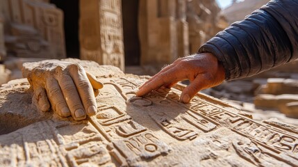 Exploring ancient ruins, close-up of hands touching ancient stone carvings, historical site in the background