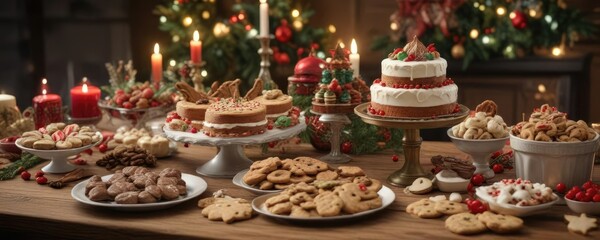 A Christmas dessert table filled with festive treats and holiday cookies , sweet, colorful