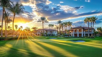A stunning view of the golf course with palm trees and luxury homes at sunset in Miami