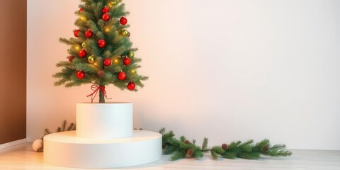A Christmas scene featuring a tall fir tree with red and green ornaments and lights on a white pedestal with surrounding pine branches, pedestal, garland