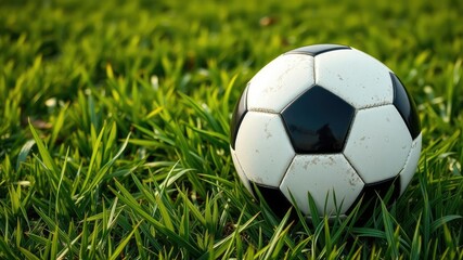 Obraz premium A close-up of a soccer ball on a green grass field with blades of grass surrounding it, outdoor, athletic, ball