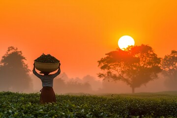 Fototapeta premium Silhouette of a Person Holding a Full Basket in a Panoramic Plantations Scene Against the Backlit Setting Sun in a Tea Field Landscape