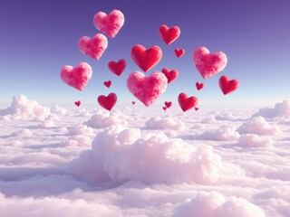 Fototapeta premium A cluster of cloud hearts in shades of pink and red floating gently above a serene landscape, pastel colors, whimsical scene, fluffy clouds
