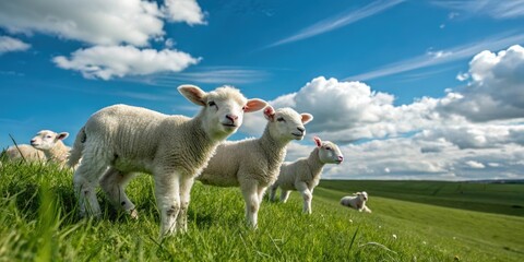 Obraz premium A cluster of lambs in a lush green field with bright blue sky and fluffy white clouds, landscape, lamb, sunset, outdoors
