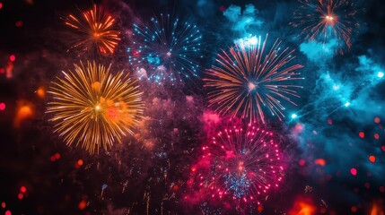 Fototapeta premium Fourth of July fireworks, close-up of bright explosions in the night sky, vibrant colors