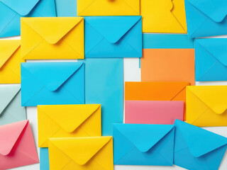A collection of colorful envelopes in various shades of blue and yellow, variety, assortment, different, array