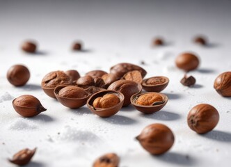 Naklejka premium a collection of dark brown nutmeg seeds on a snowy white surface, nutmeg seeds, ground spices