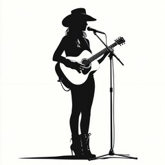 Cowgirl singing, guitar, stage, microphone, country music poster.