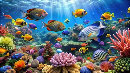 Naklejka premium A colorful array of tropical fish swimming in an underwater coral reef, wildlife, reef, coral