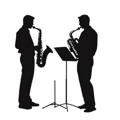 Naklejka premium Saxophonists duet, music stand, white background, performance illustration.
