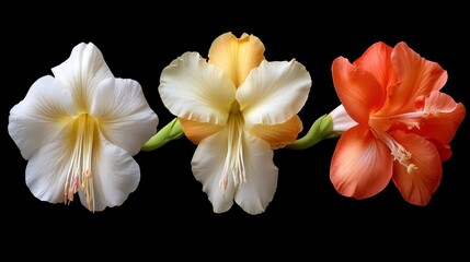 Fototapeta premium Trio of Exquisite Gladiolus Flowers White Peach and Coral Blooms on Black Background
