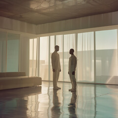 Fototapeta premium Film still, style by Her. A modern male model in a minimalist outfit, standing in a clean, futuristic apartment with large windows.