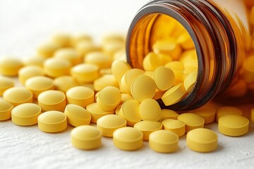 Yellow tablets spill from a brown glass bottle on a flat surface