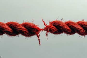 Red frayed rope being pulled in two directions, with torn ends, creating tension and conflict against a white background.