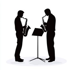 Naklejka premium Saxophone duet silhouette, music stand, white background, musical performance, design element.