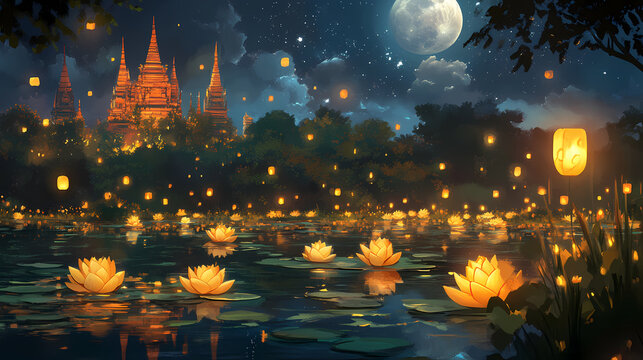 Loy krathong day, also called the loi krathong festival, is one of thailand's most beloved festivals, occurring annually on the full moon of the twelfth lunar month. Lunar Garden. Illustration