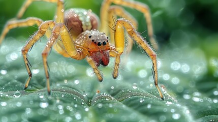Fototapeta premium Close-Up of a Spider on a Dew-Covered Leaf