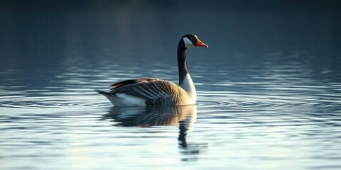 A country goose paddling across a calm lake with its wings folded and feathers fluffed for warmth, lakeside scenery, outdoor adventures, aquatic life
