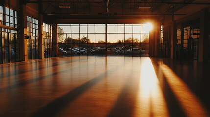 Empty car dealership lot at sunset, showcasing a serene and quiet atmosphere with no vehicles or customers, reflecting the end of a business day and the transition to evening calm