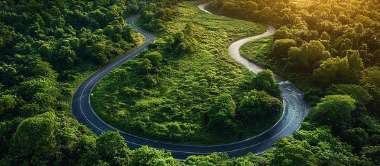 Obraz premium Aerial View of Winding Road Through Lush Green Forest