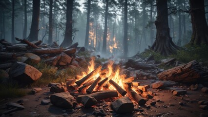 Obraz premium A crackling campfire in the depths of a dense forest, mystery, foliage