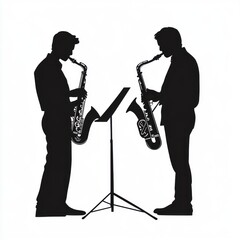 Naklejka premium Saxophonists duet, studio, silhouette, music performance, illustration.