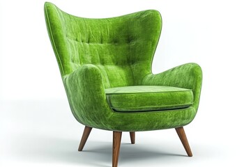 Green fabric armchair with wooden legs, front view on a white background, 3D rendering showcasing modern furniture design.