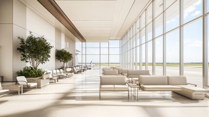 Fototapeta premium A bright and airy seating area in the terminal, with rows of empty chairs and large windows framing a sunny runway.
