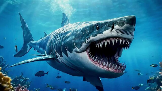 A massive prehistoric Megalodon shark swims through the ocean with its mouth open, revealing rows of sharp teeth.