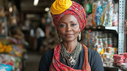 Obraz premium Vibrant marketplace portrait of a woman with traditional attire