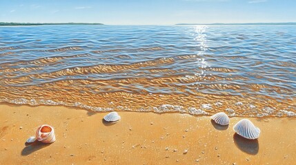 Obraz premium A calm shoreline with gentle ripples, golden sand, and vibrant seashells scattered about.