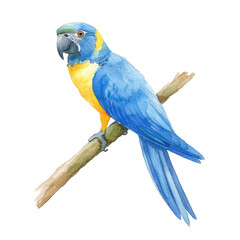 Obraz premium Watercolor illustration of a blue macaw bird, full body, realistic colors, transparent background.