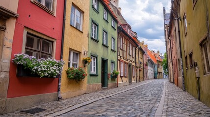 Fototapeta premium A cobblestone street in a historic European town, lined with colorful buildings and flower boxes.