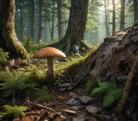 Fototapeta premium A lone mushroom pushes through the undergrowth near a fallen tree trunk on a forest floor, earthy tones, decay