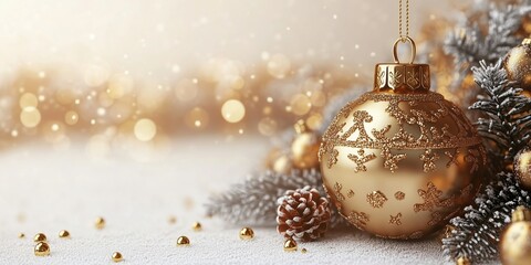 Decorative golden Christmas ornament with pine branches and lights