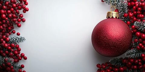 Bright red ornament with festive greenery for holiday decoration