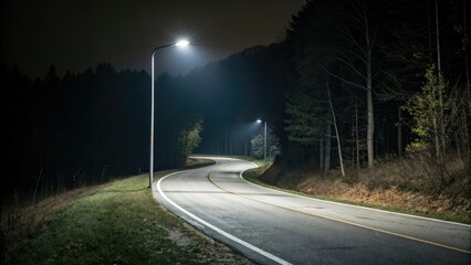 Fototapeta premium A lone streetlight shines down on a winding road, solitary path, desolate route, urban decline, darkness falls