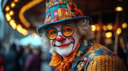 Smiling clown, carousel background, festival, portrait