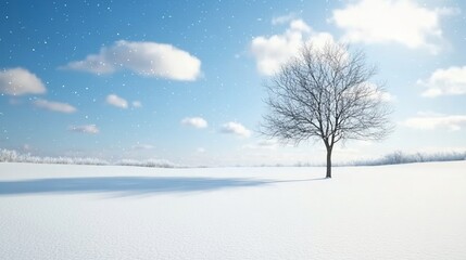 Snowy field, lone tree, winter landscape, serene scene