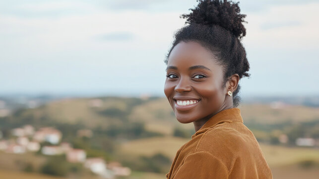 Afro woman in brown coat at agricultural landscape, organic female farmer