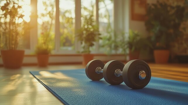 Home workout routine, close-up of yoga mat with dumbbells, bright home interior
