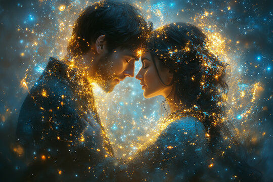 Two radiant figures, glowing with twin flame energy, embraced in a galaxy filled with stars.