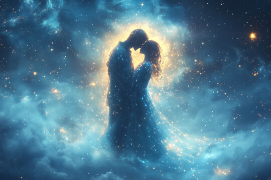 Two radiant figures, glowing with twin flame energy, embraced in a galaxy filled with stars.