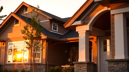 Fototapeta premium Dream House at Sunset: Captivating Residential Architecture in Warm Golden Hour Light