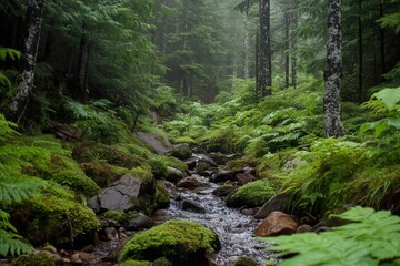 Obraz premium Lush forest with flowing stream in serene natural setting