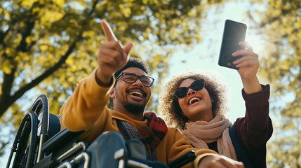 Multiracial Friends Enjoying a Day Outdoors Taking Selfies in a Wheelchair-Friendly Environment