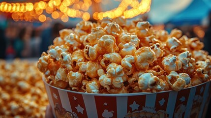Caramel popcorn, festival, night, lights, bucket, sweet treat, funfair, snack