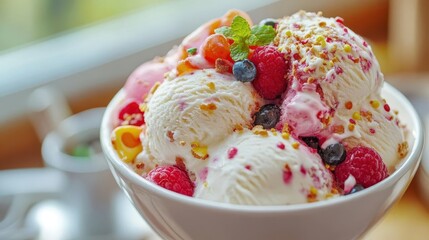 Ice cream sundae, close-up of scoops of ice cream with colorful toppings, soft and inviting lighting