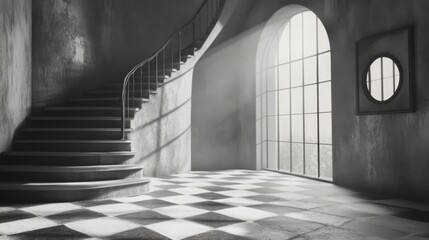 Monochrome image of a grand, curved staircase in a vintage building with a large arched window and checkered floor.